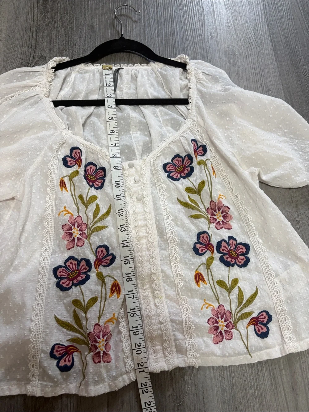 Anthropologie White Peasant Blouse with Pink and Navy Floral Embroidery